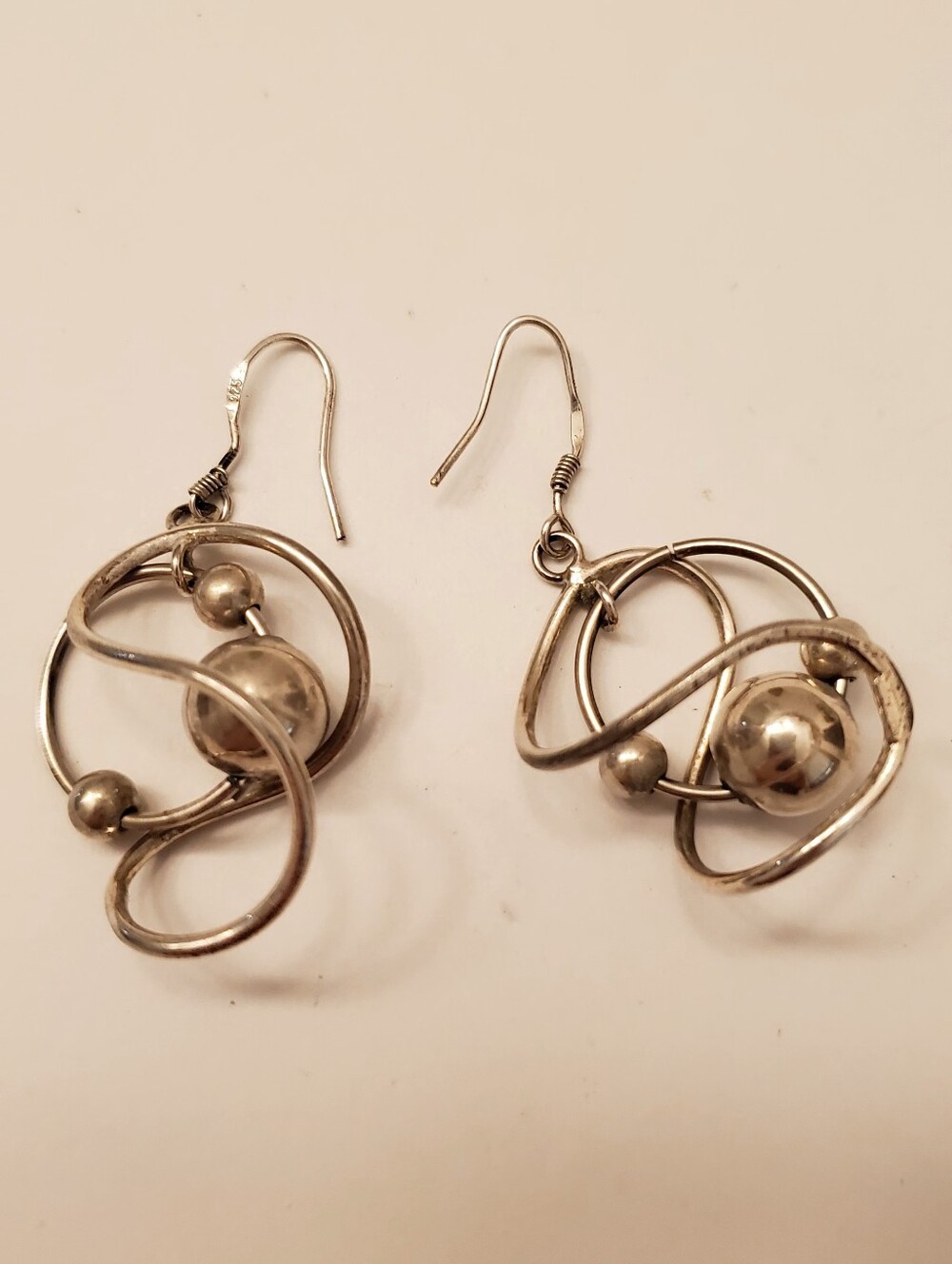 Silver Orb Swirl Drop Earrings, Marked 925, Fun Design